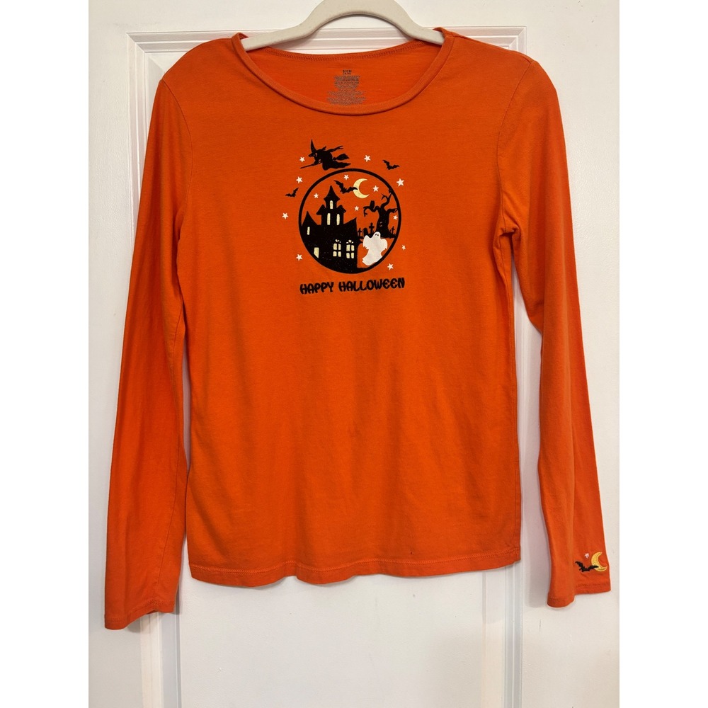Halloween Orange Long Sleeve Graphic Tee Haunted House Witch Ghost Women Small